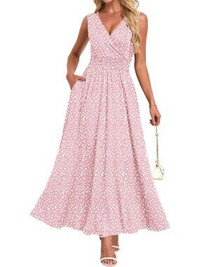 Women's Pink Summer Casual Dress V Neck Sleeveless Floral Boho Maxi Dresses